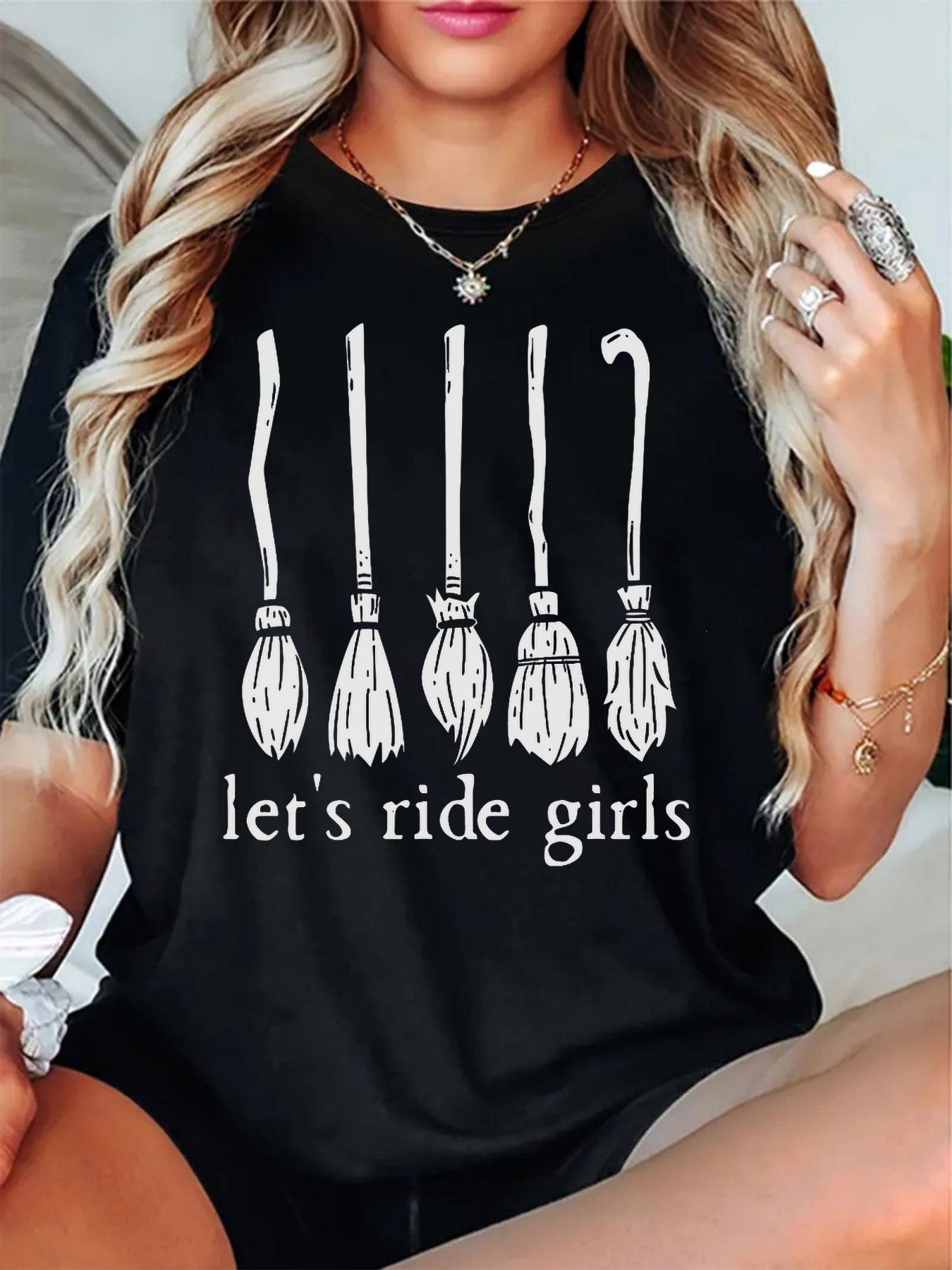 Let's Ride Girls, Witches Women's Soft Knit Halloween T-Shirt