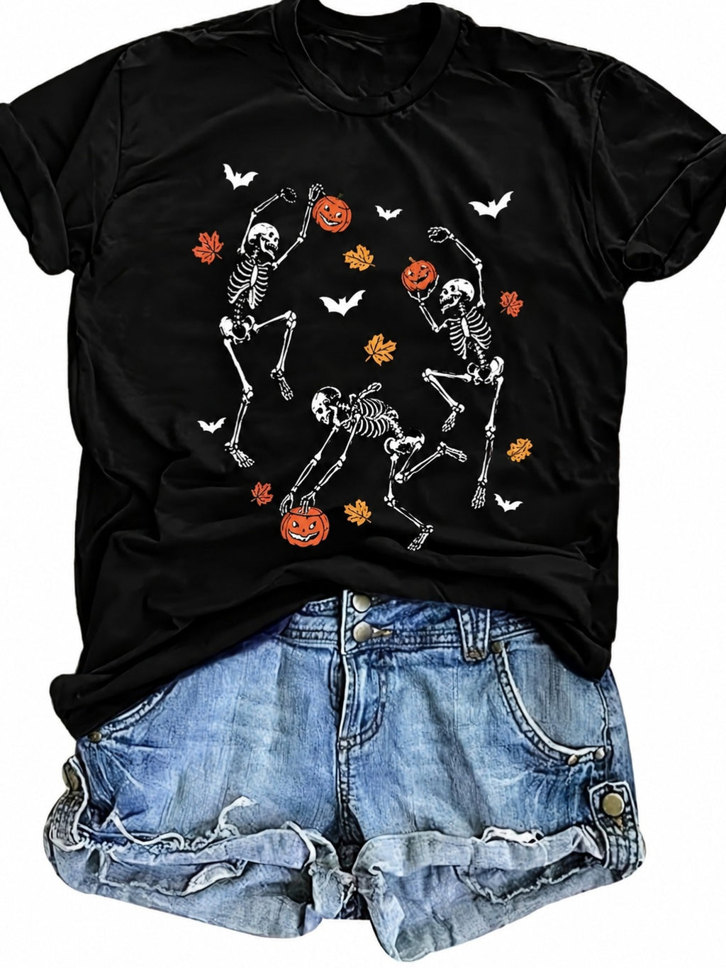 Dancing Skeletons w/ Pumpkins Halloween Women's Stretchy Tee