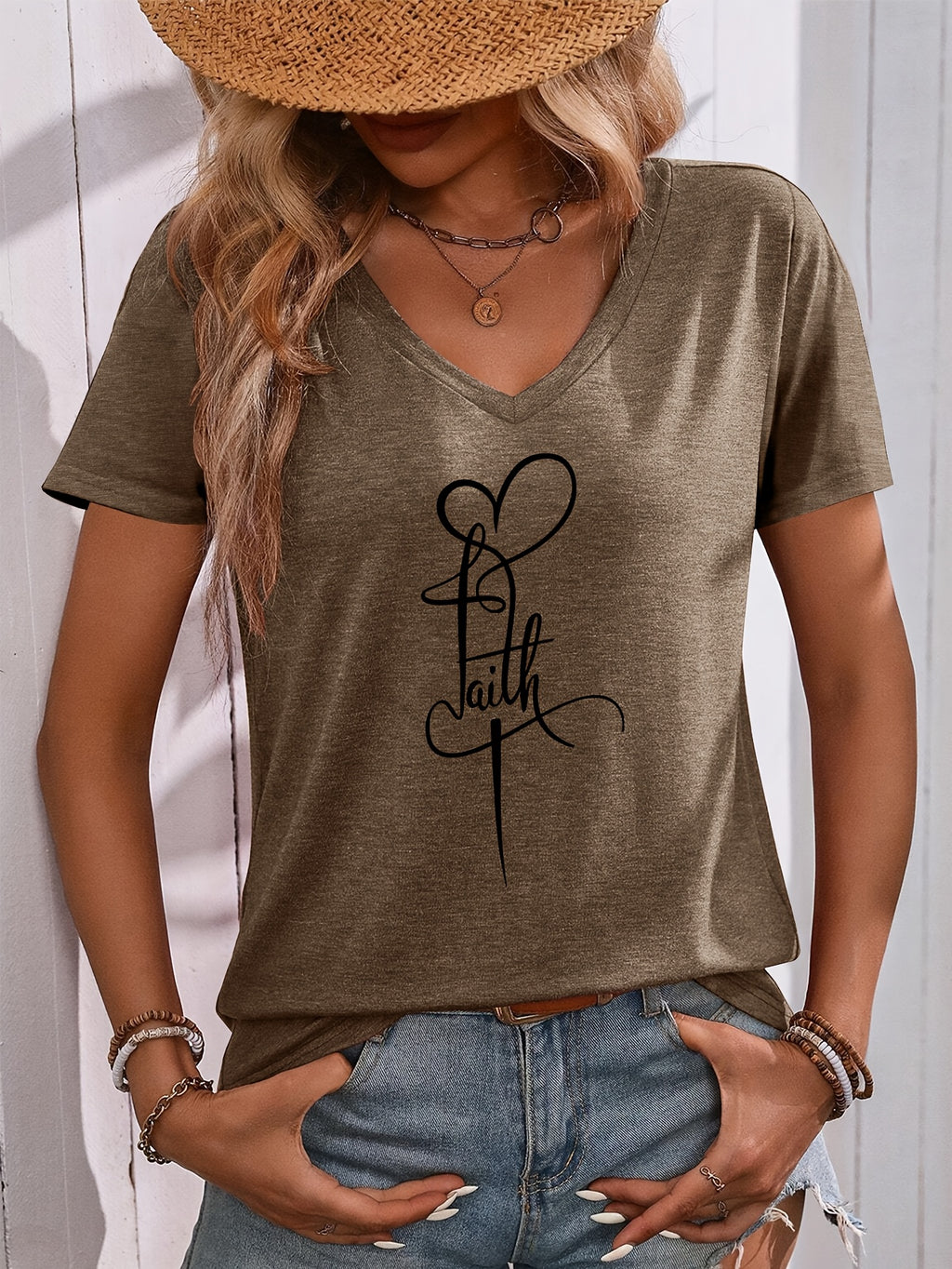 Women's Faith Cross Heart V-Neck T-Shirt, Faith Tee for Women