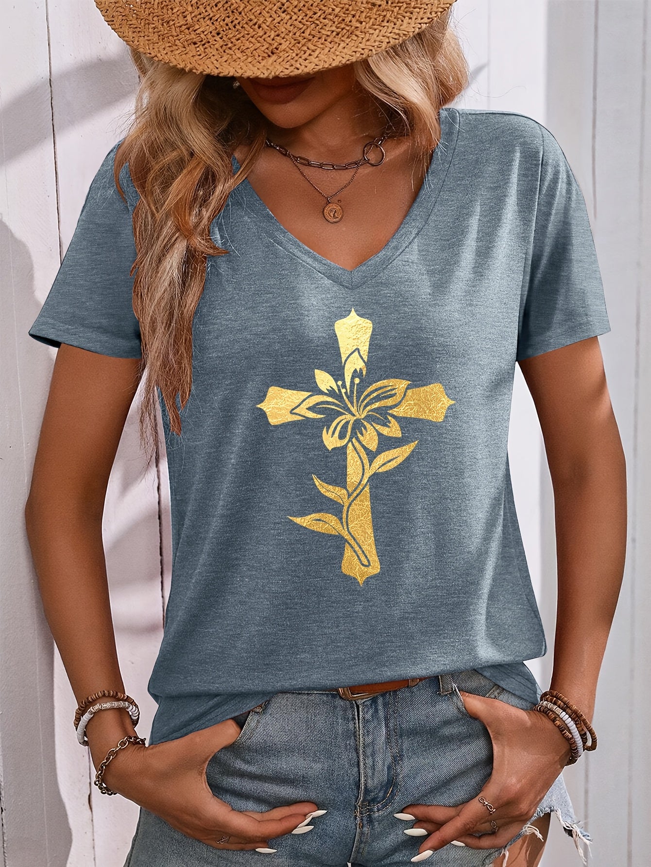 Women's Floral Cross Faith T-Shirt, Religious Faith V-Neck Tee