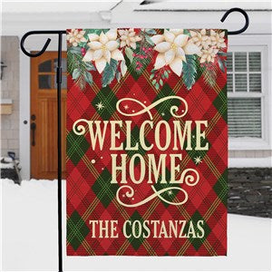 Personalized Diamond Plaid & White Poinsettias Garden Flag