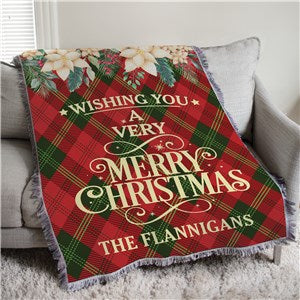 Personalized Diamond Plaid & White Poinsettias 50x60 Afghan Throw