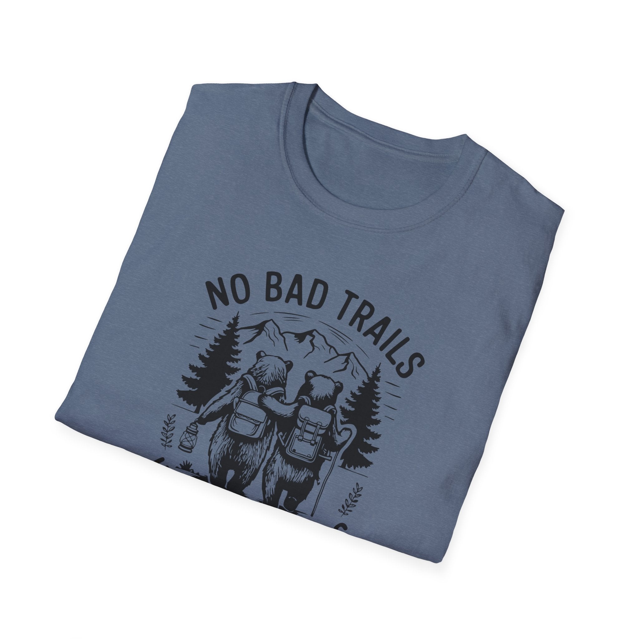 Funny Outdoor Adventure Unisex T-Shirt | No Bad Trails Just Bad Knees | Hiking Gift, Camping Tee, Nature Lover Shirt, Funny Gift