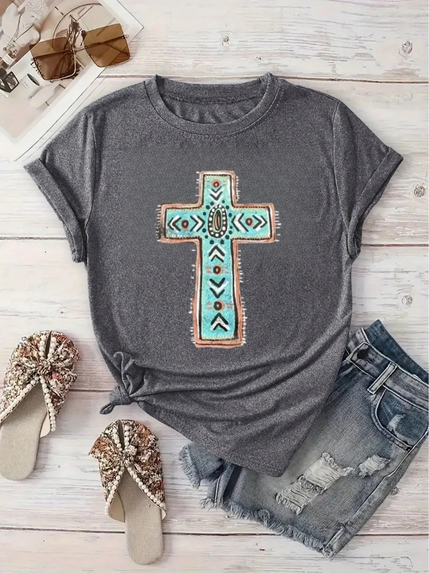 Women’s Southwest Cross T-Shirt – Turquoise & Earth Tone Southwestern Top