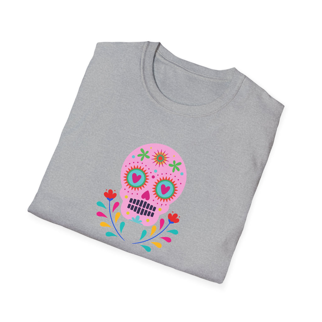Colorful Skull Graphic T-Shirt, Day of the Dead Shirt, Unisex Softstyle Tee for Celebrations, Gifts for Her & Him