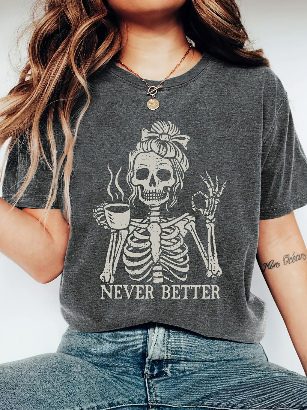 Women's, "Never Better' Halloween Skeleton Soft Knit Tee