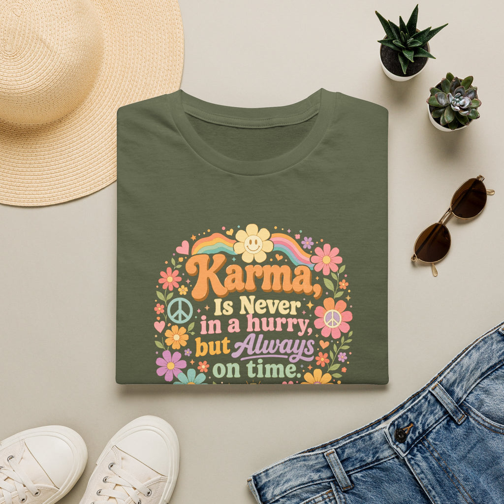 Karma Is Never In A Hurry Retro Floral, Relaxed Fit Women's Tee