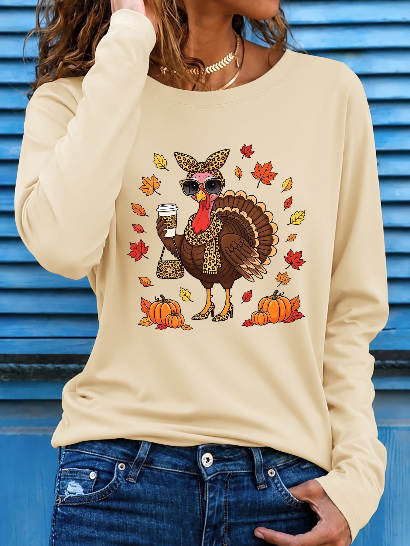 Women's Funny Thanksgiving Long- Sleeve Stretch Top