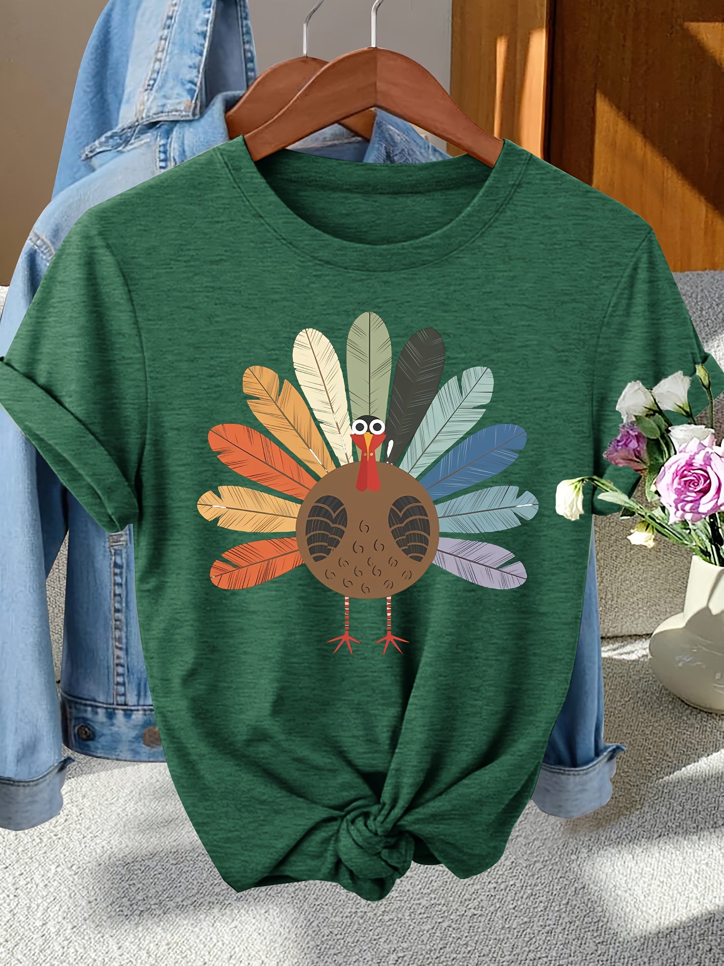 Thanksgiving Women'S Elegant Style Multicolor Small Turkey Print Round Neck Women'S Spring Summer Autumn T-Shirt, Fashion Commute Vacation Daily Versatile Retro Casual Style T-Shirt Multi-Color Optional S-XXL