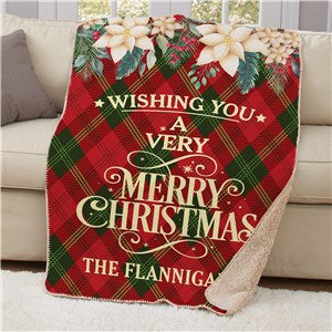 Personalized Diamond Plaid & White Poinsettias 50 x 60 Sherpa Blanket