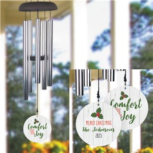 Personalized Comfort and Joy White Wood Background Wind Chime