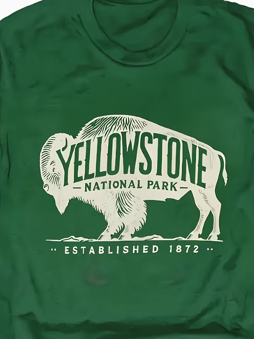 Women's Yellowstone National Park Bison T-Shirt - Bison Established 1872 Print, Casual Round Neck Short Sleeve Top, Machine Washable Breathable Shirt Suitable for Spring Summer Outdoor Wear & Yellowstone Gifts