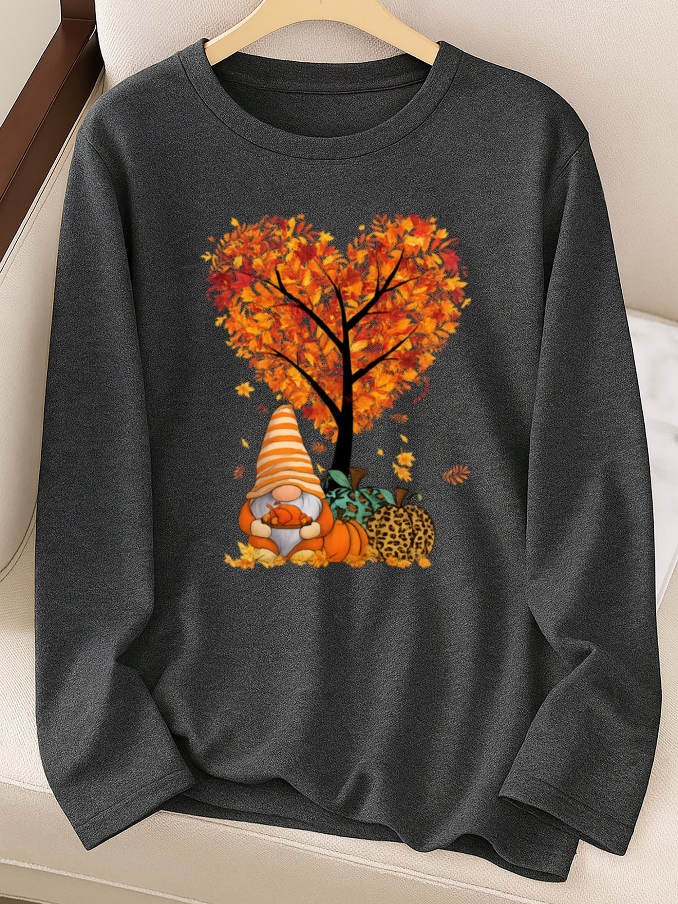 Fall Gnome Heart Tree , Women's Fall Long Sleeve Stretch Tee