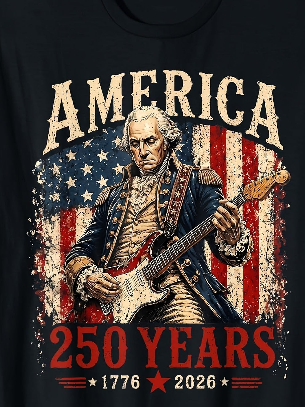 250 Years America Anniversary Washington Playing Guitar T-Shirt Retro Casual Crew Neck Printed T-Shirt