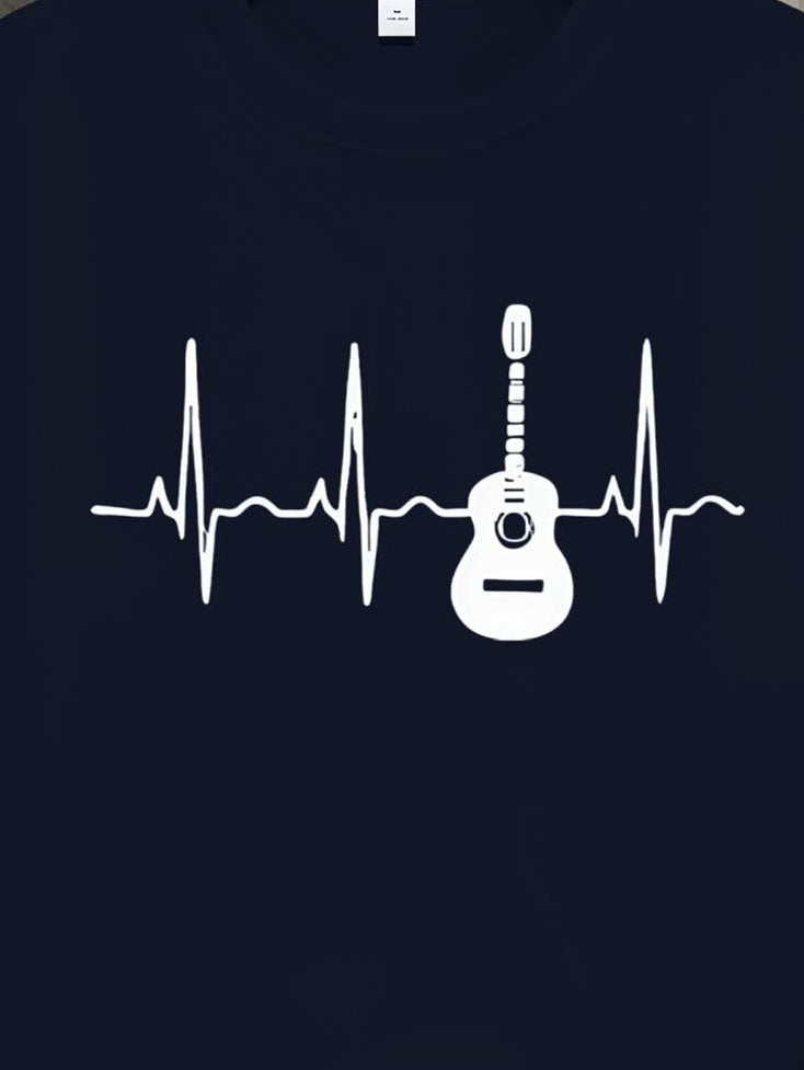 Men'S Bohemian Music Enthusiast T-Shirt - Soft And Breathable 180Gsm Material Featuring a Heartbeat And Guitar Design, Suitable for All Seasons, Casual Crew Neck Style, Machine Washable Regular Fit Black Shirt Ideal for Concerts And Everyday Wear