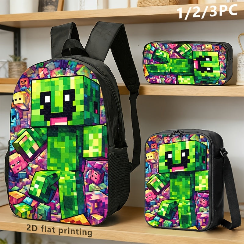 Kid's Video Game Pixel Print Backpack Sets, 1pc/2pcs/3pcs Backpack, Crossbody Bag, and Pouch