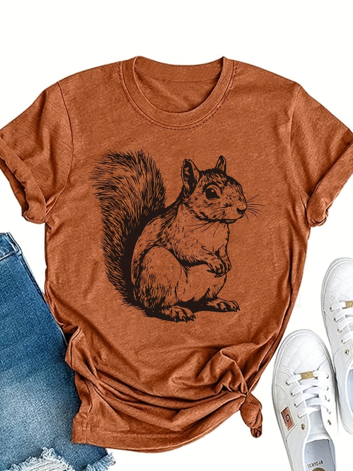 Retro Squirrel Stamp Print Women’s Stretchy Tee