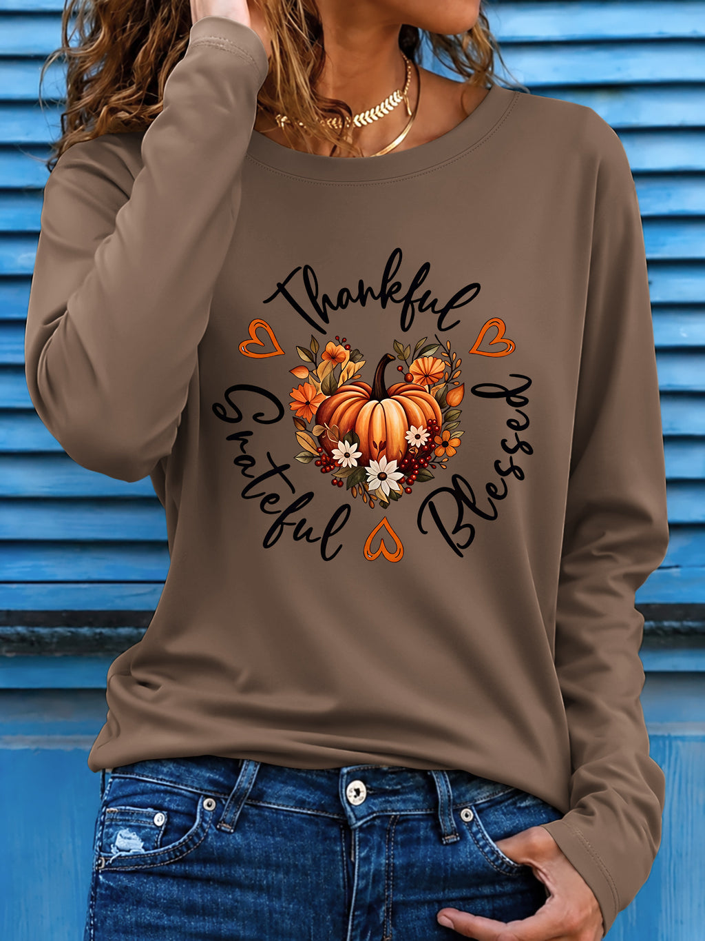 Thankful, Grateful, Blessed Long-Sleeve Stretch Shirt for Women