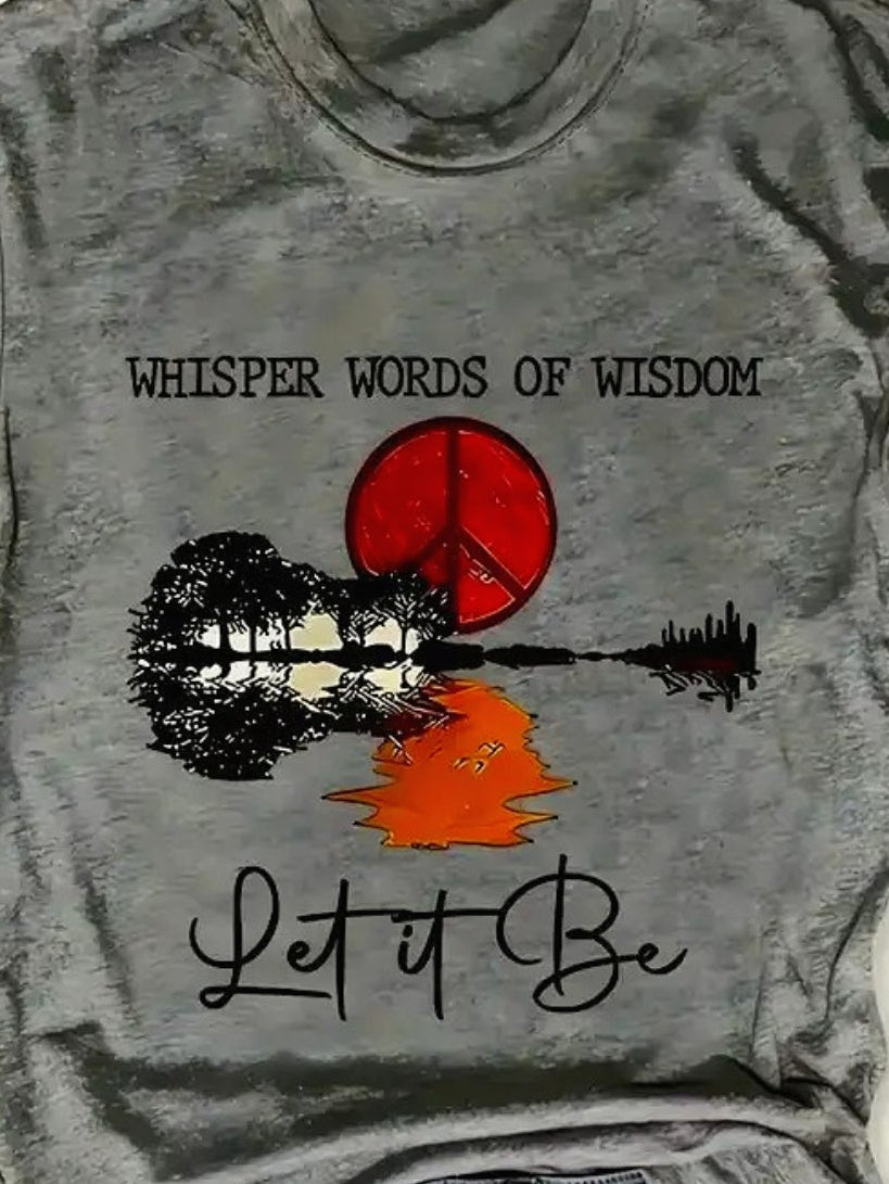 Let it Be Peace Sign Guitar Sunset T-Shirt for Women, Music Theme Tee