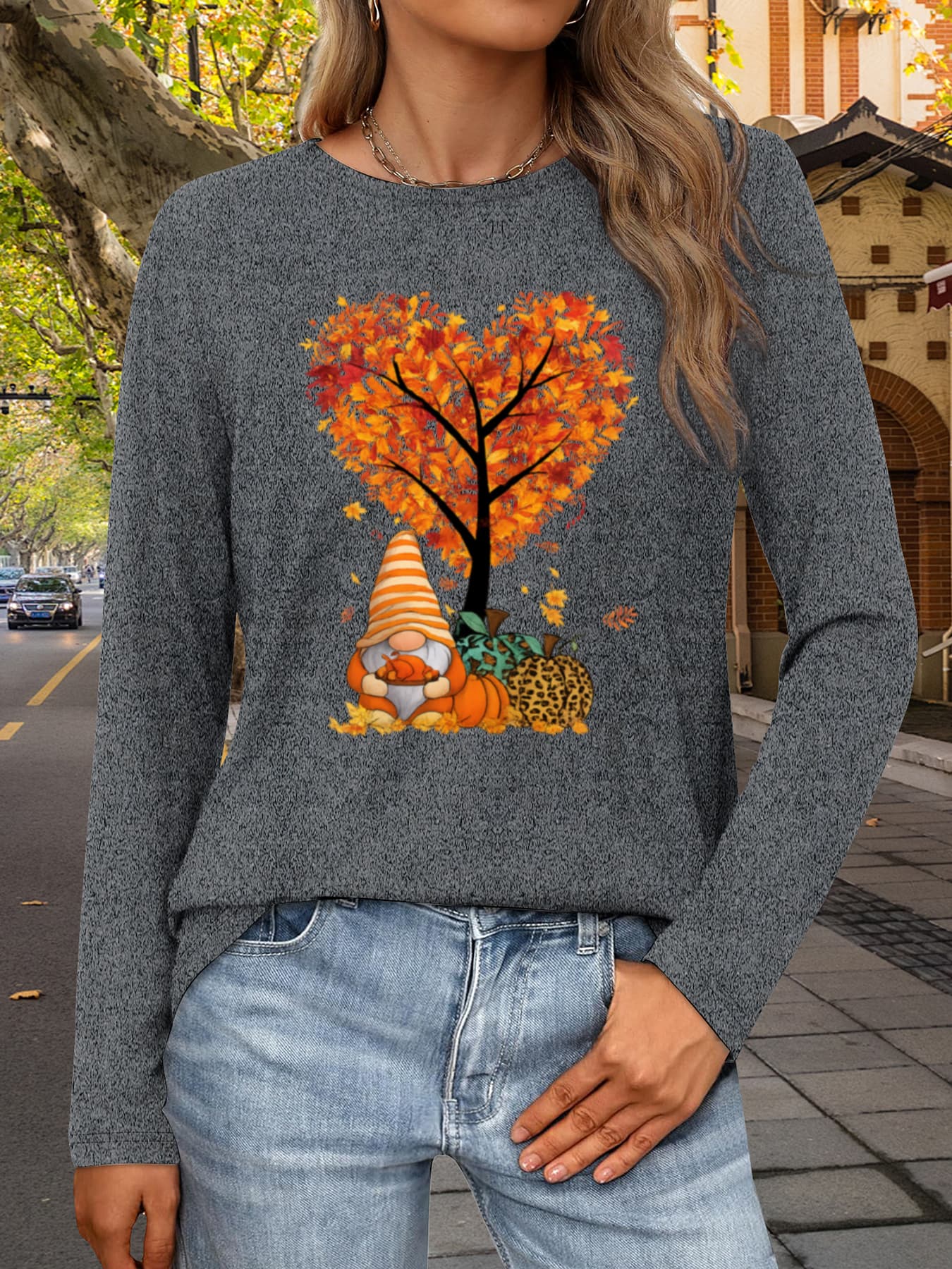Fall Gnome Heart Tree , Women's Fall Long Sleeve Stretch Tee