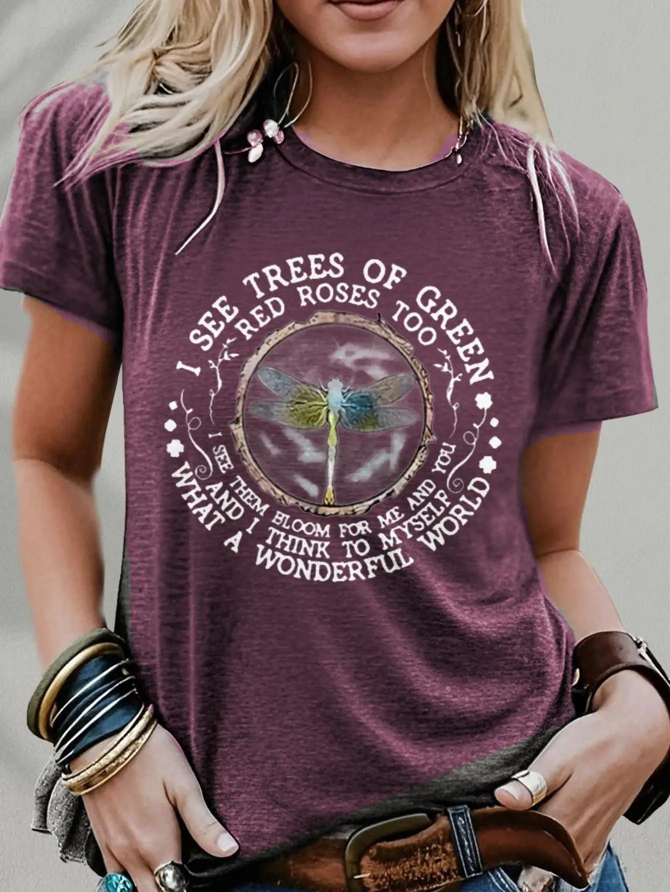 Women's Vintage Graphic T-Shirt Featuring Green Trees And Red Roses