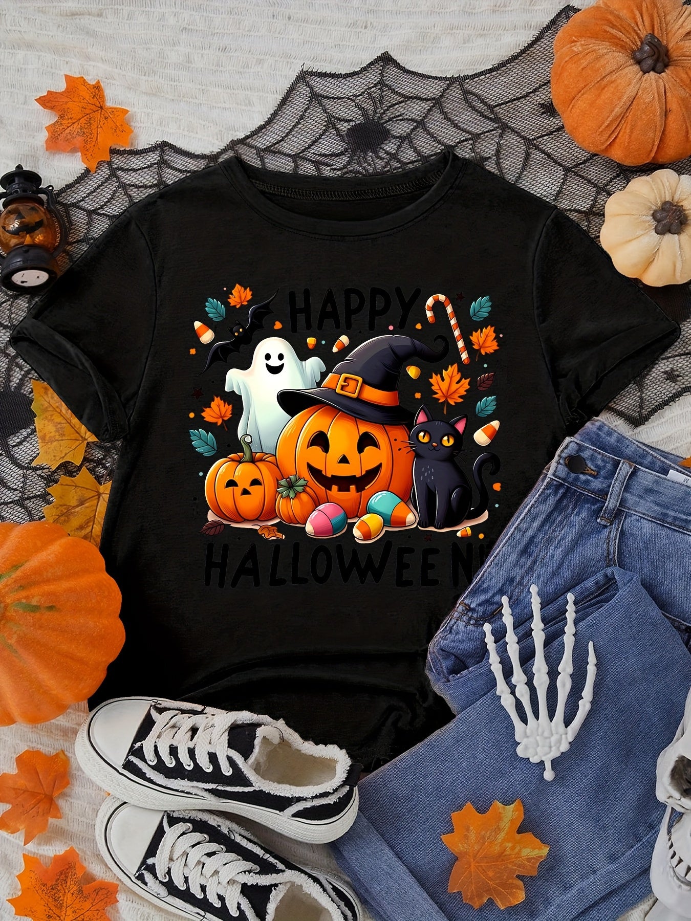 Women's Classic Pumpkin and Ghost Halloween Women's Soft Knit Tee