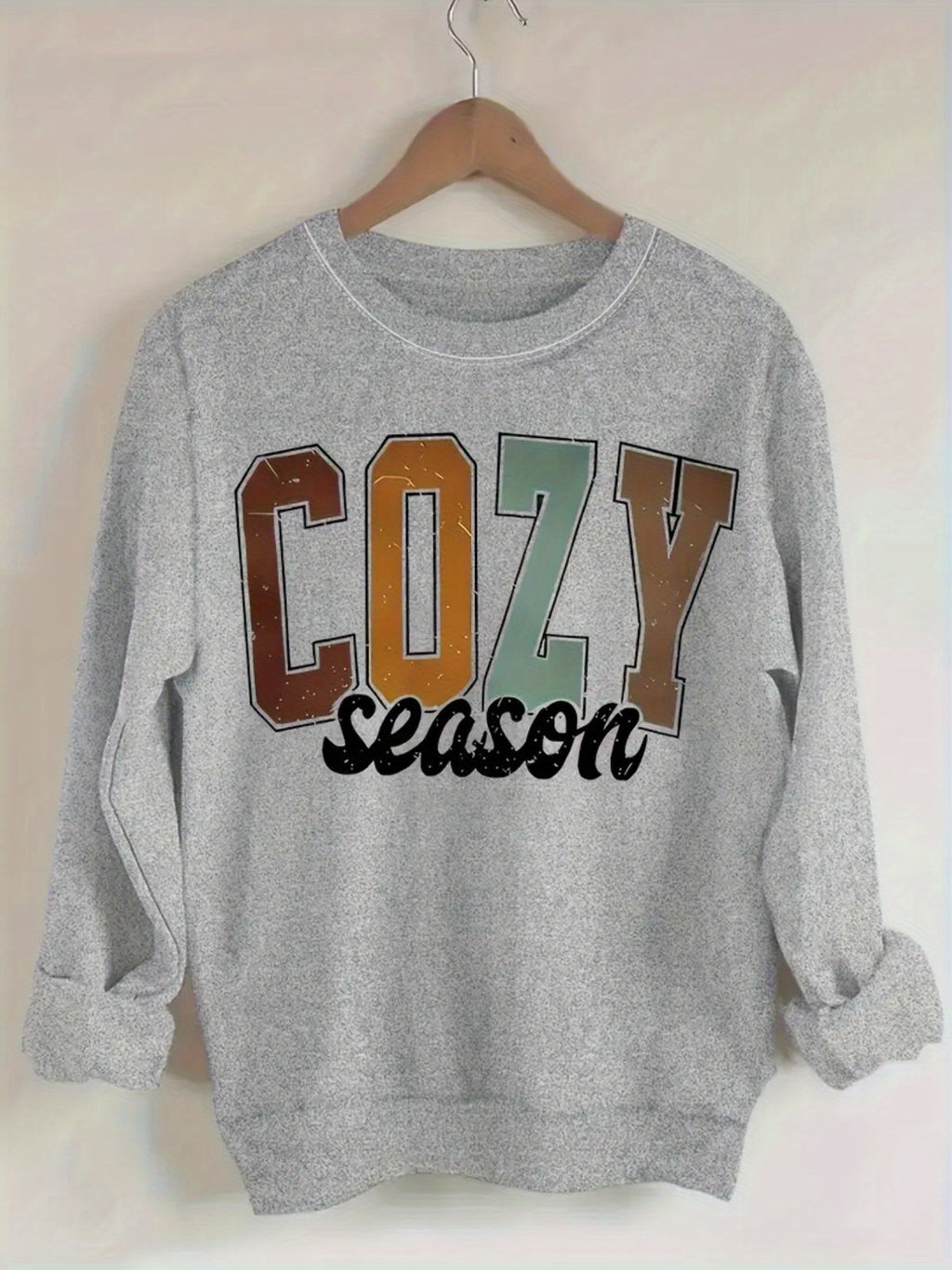 Women's Casual Crew Neck Sweater, with Cozy Season Graphic