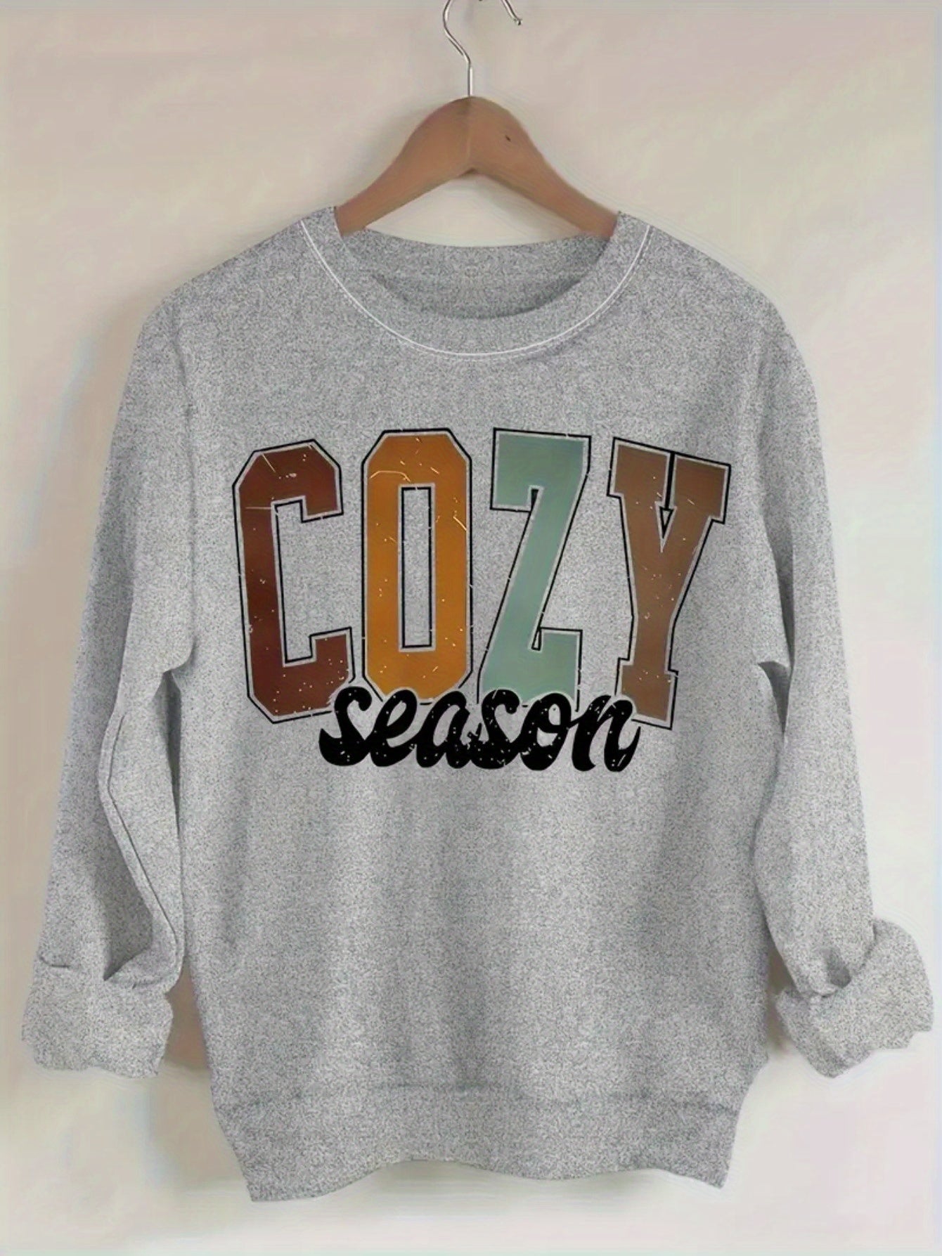 Women's Casual Crew Neck Sweater, with Cozy Season Graphic