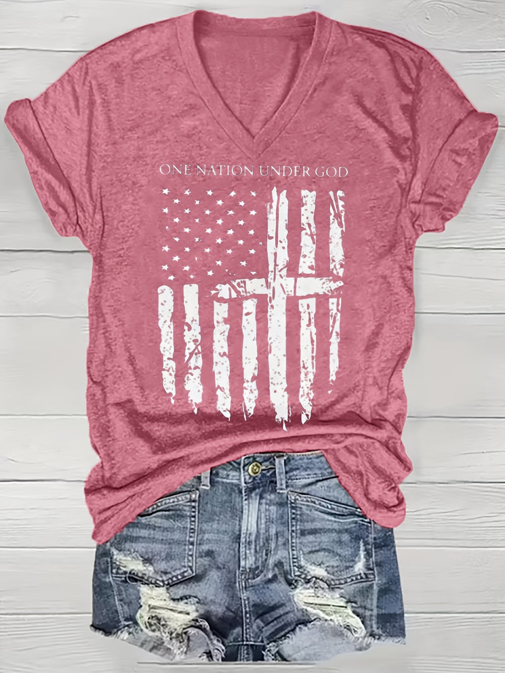 American Flag Cross ONE NATION UNDER GOD Patriotic, 4th of July Women's V-Neck T-Shirt