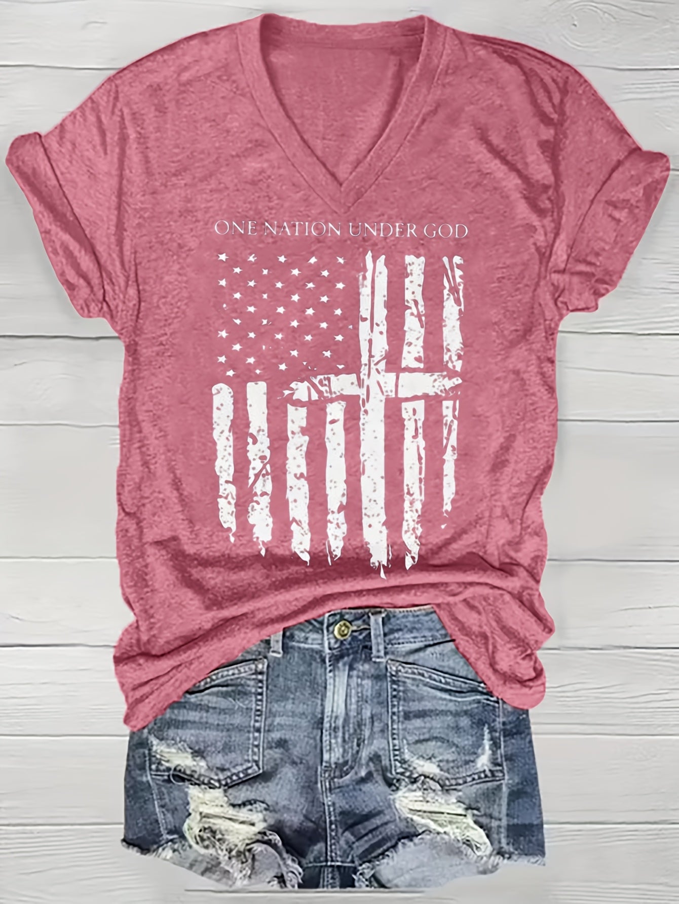 American Flag Cross ONE NATION UNDER GOD Patriotic, 4th of July Women's V-Neck T-Shirt