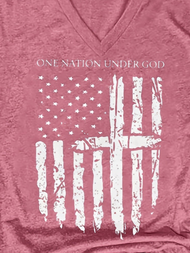 American Flag Cross ONE NATION UNDER GOD Women's T-Shirt, Faith and Country Tee