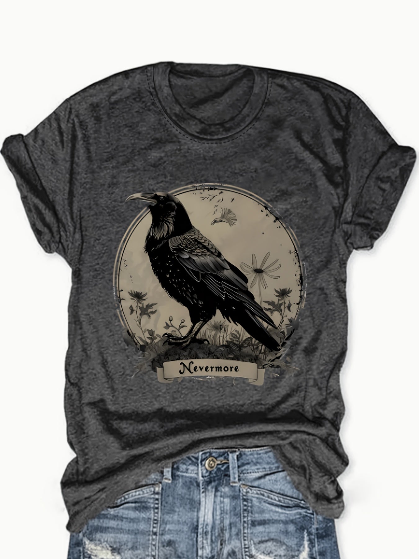 Women's Raven Nevermore Gothic T-Shirt - Short Sleeve Round Neck Casual Top with Raven & Floral Circle Print, Machine Washable Breathable Blouse-Shown Product Style Suitable for Travel, Vacation, Casual Attire, Spring Summer Wardrobe