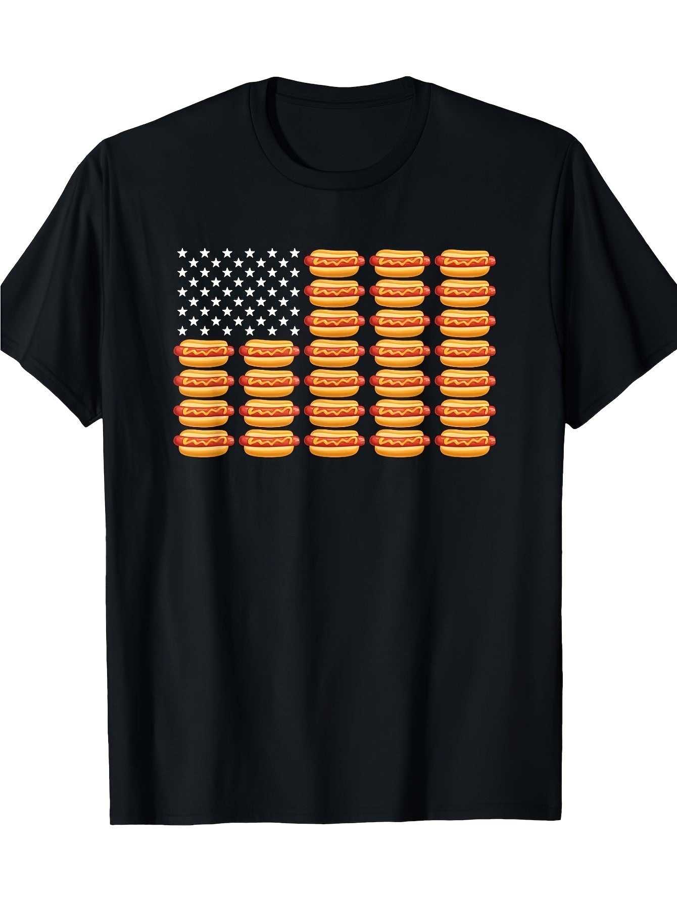 Funny Hot Dog American Flag T-Shirt - July 4th BBQ Party Outfit with Hot Dogs & Ketchup Mustard Design - Soft Breathable 180gsm Heavyweight Crew Neck Tee - Unisex Adult Casual Shirt for 4tSame Style for Men and Women 2025 Summer Short-sleeved Printed