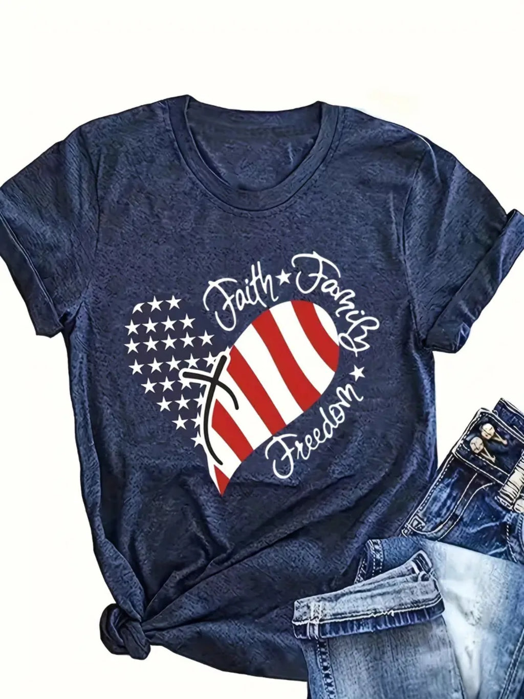 Women's Faith Family Freedom Heart Flag Navy Blue American Flag T-Shirt, 4th of July Tee