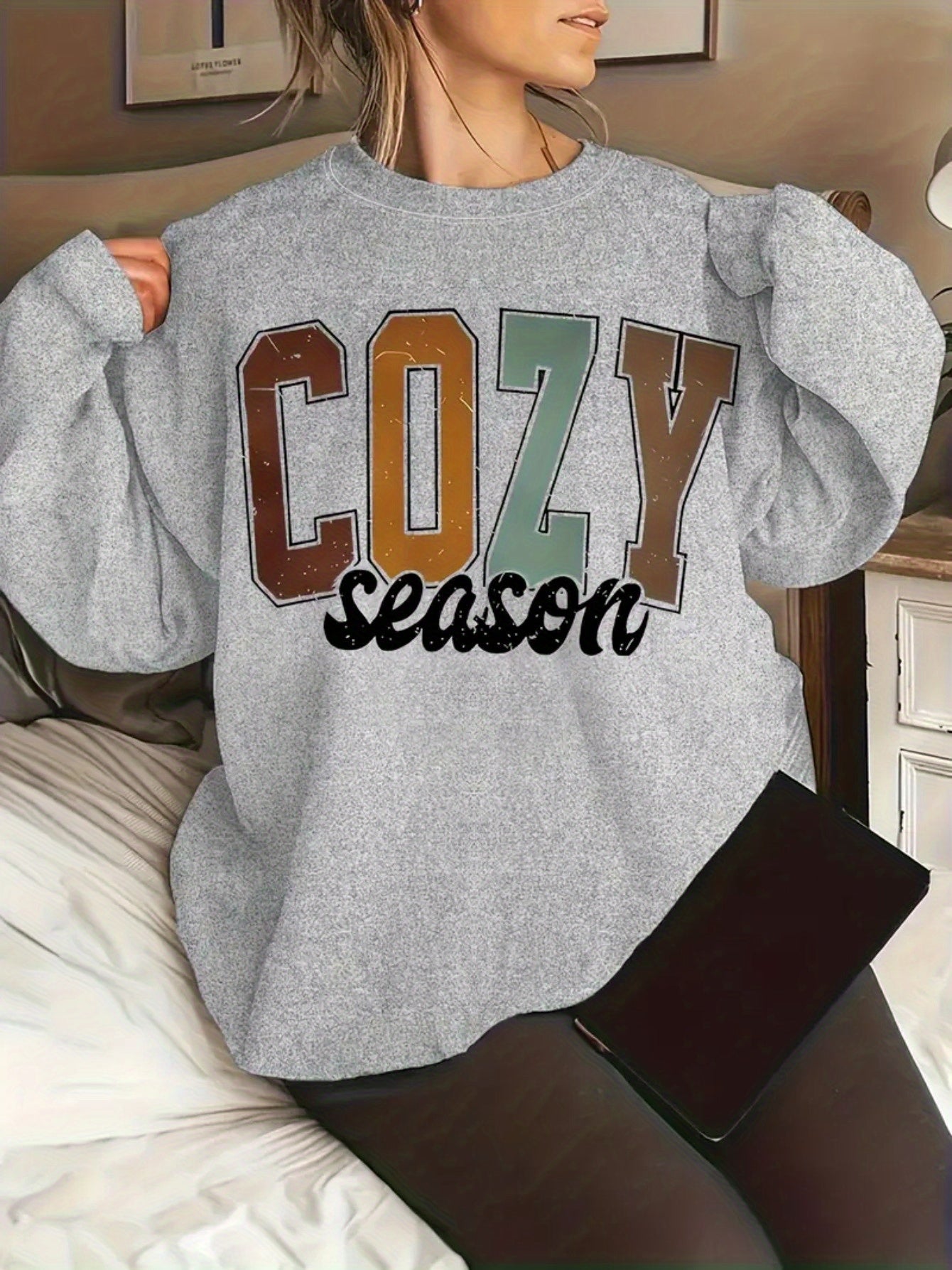 Women's Casual Crew Neck Sweater, with Cozy Season Graphic